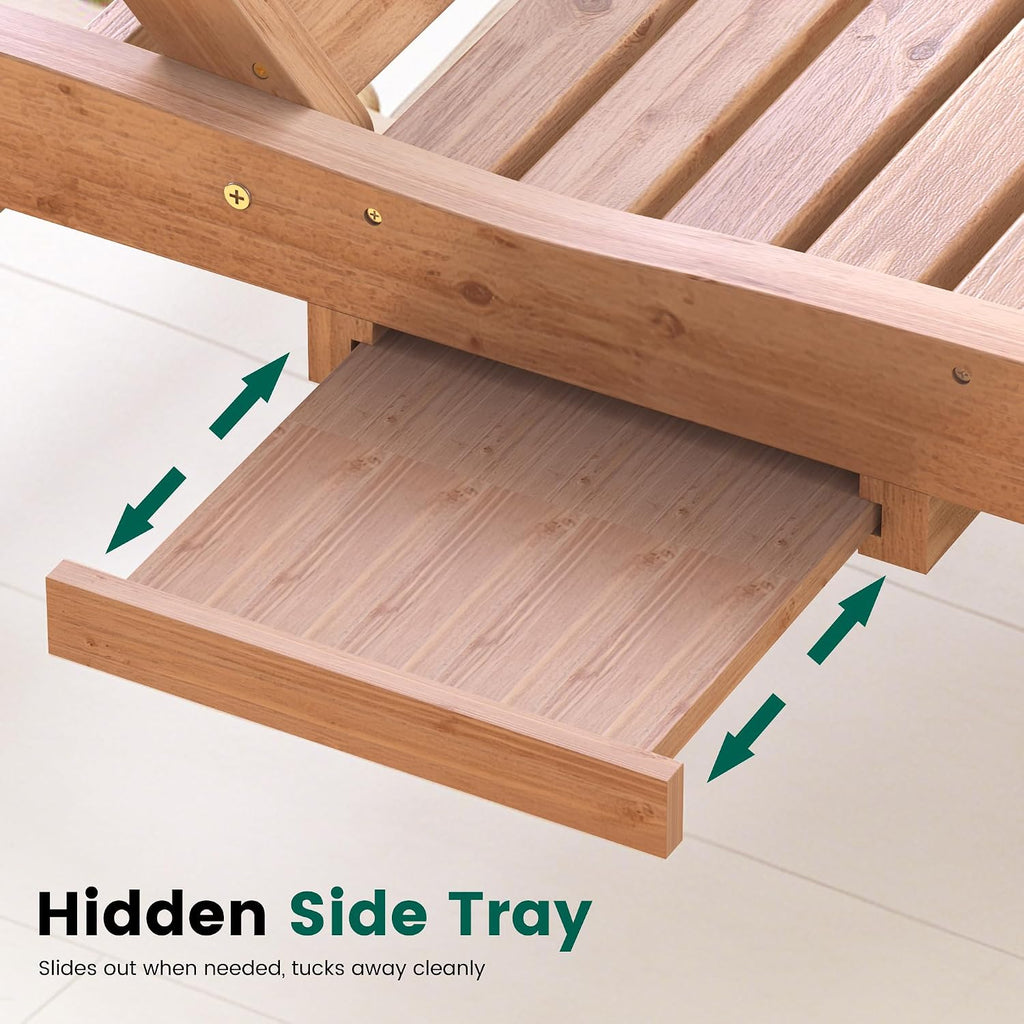 Wooden Patio Chaise Lounge with Side Tray & Wheels