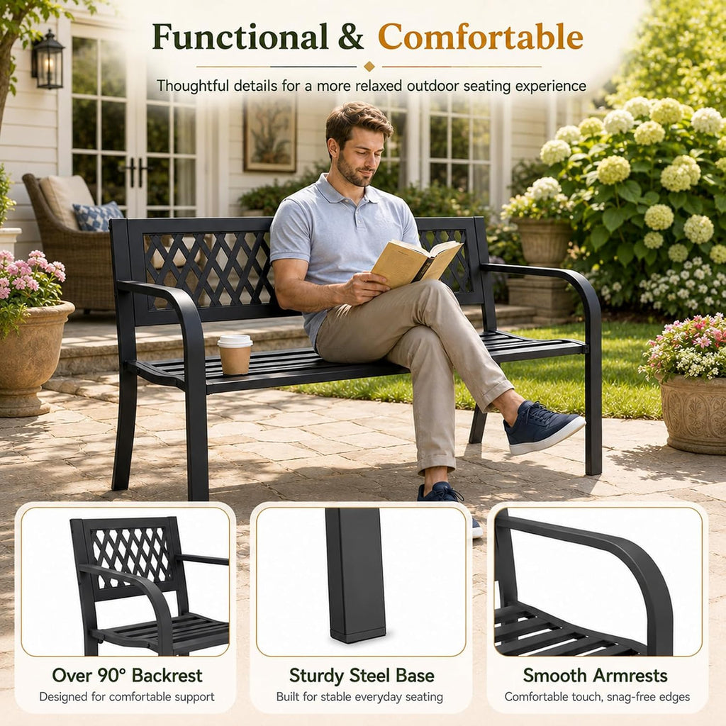 47" Backrest Outdoor Patio Bench, Black
