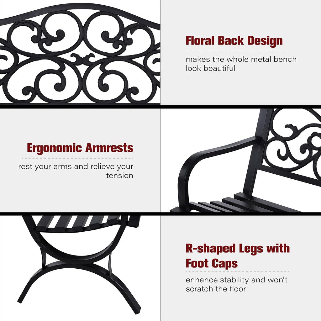 50" Floral Black Outdoor Patio Garden Bench