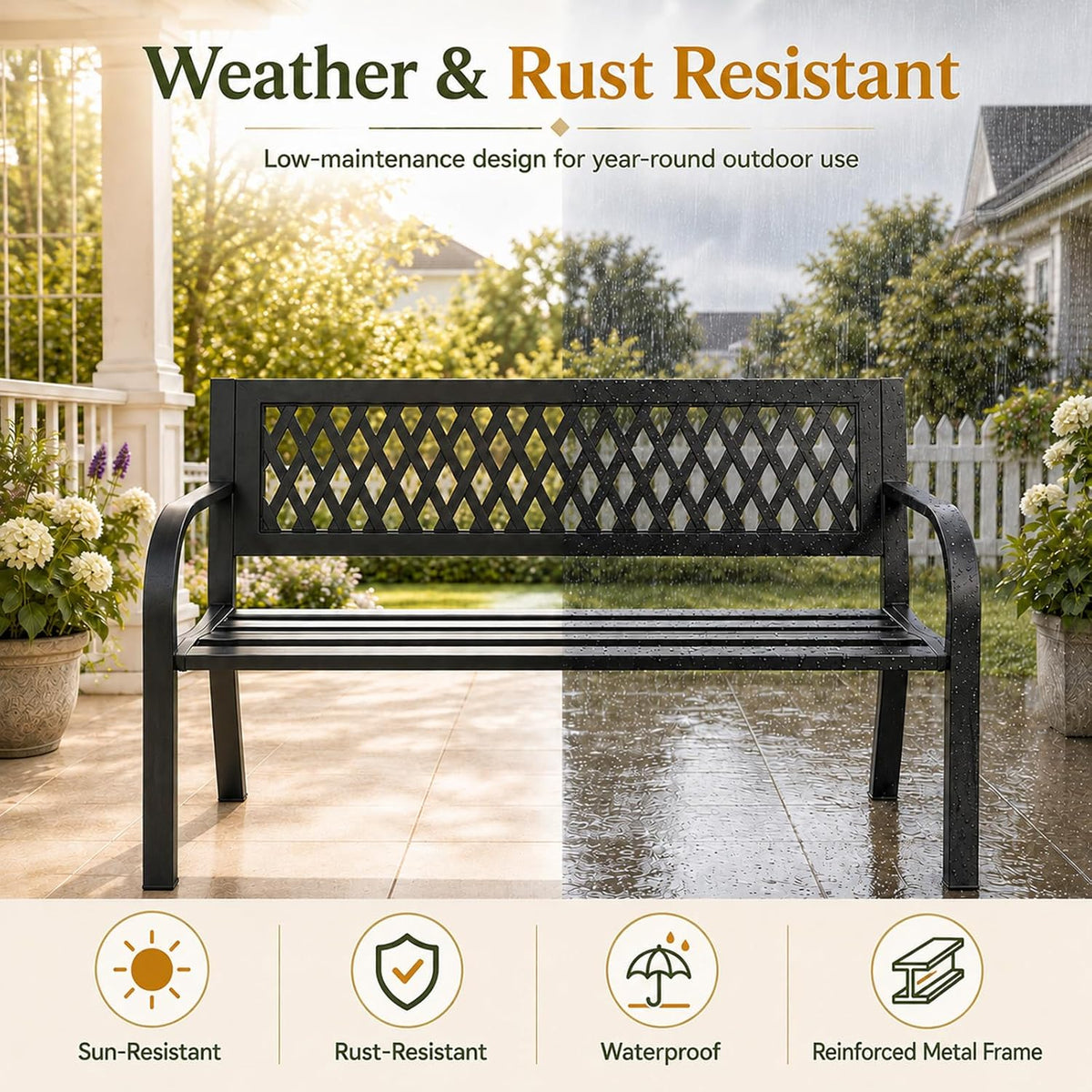 47" Backrest Outdoor Patio Bench, Black
