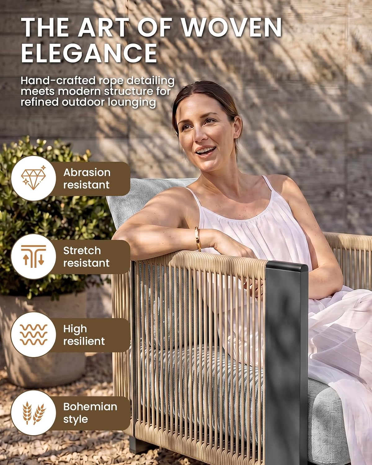 4‑Piece Woven Rope Patio Set, Thick Cushion Aluminum Frame