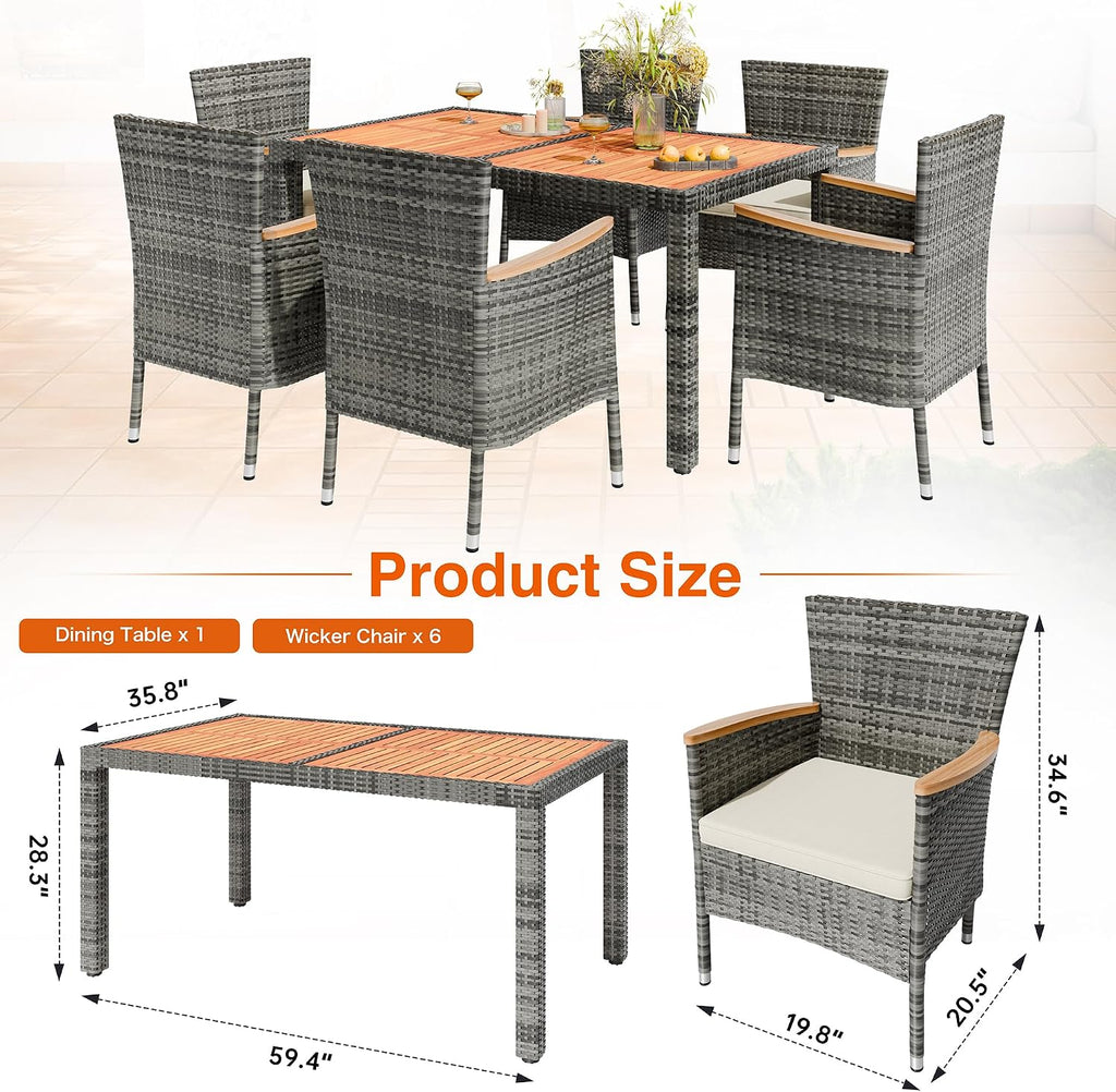 7 PCS Wicker Patio Dining Set, Grey Rattan