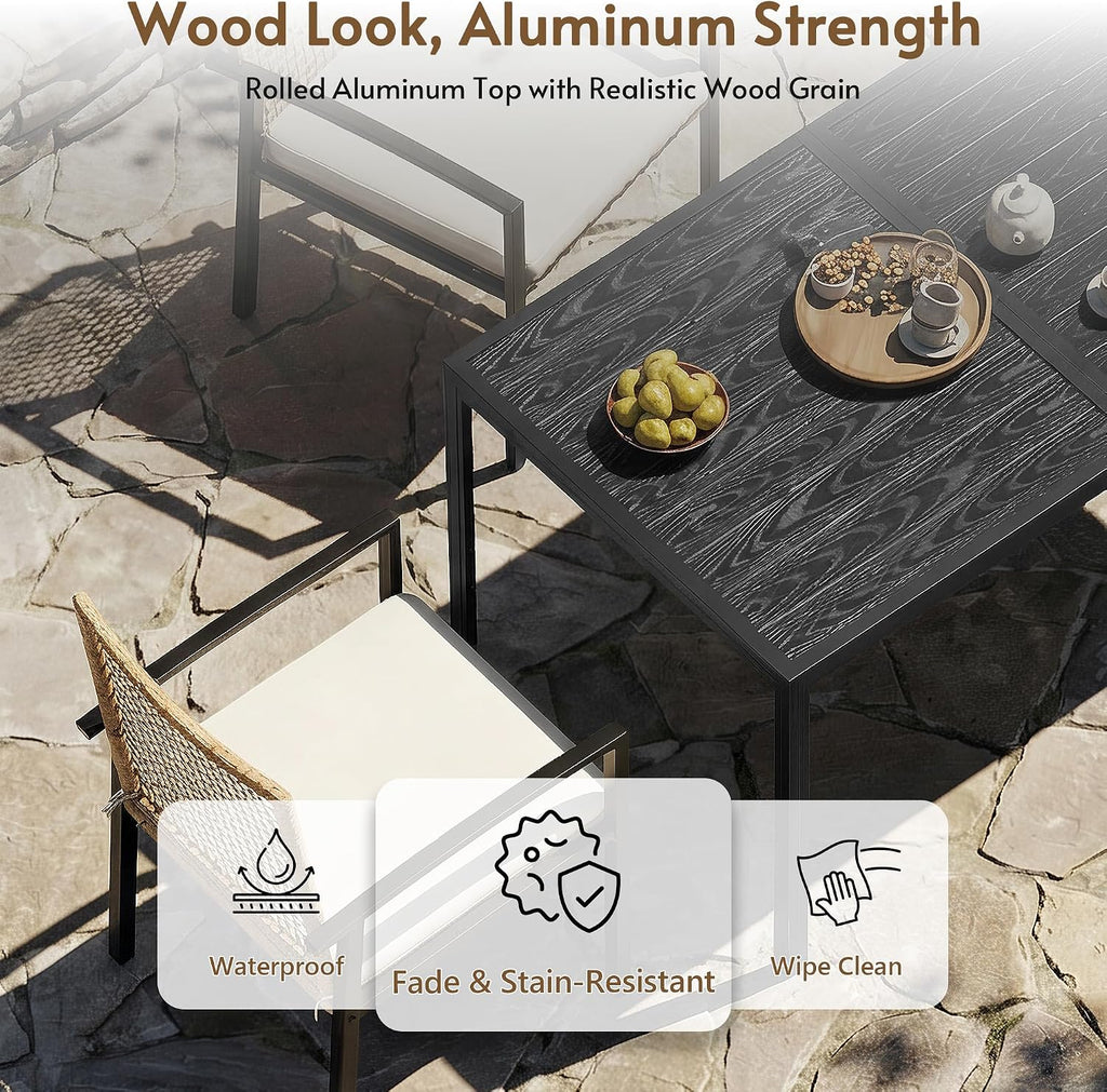 7‑Piece Wicker Patio Dining Set, Aluminum Woodgrain Table