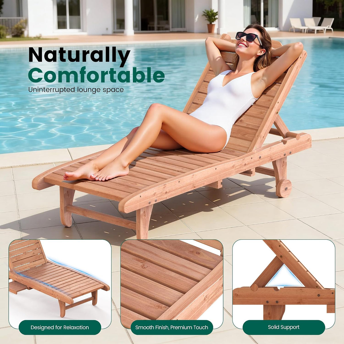 Wooden Patio Chaise Lounge with Side Tray & Wheels