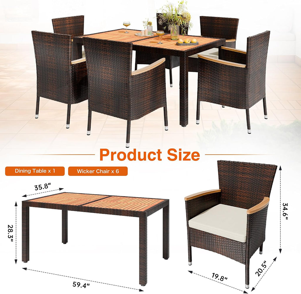 7 PCS Wicker Patio Dining Set, Brown Rattan