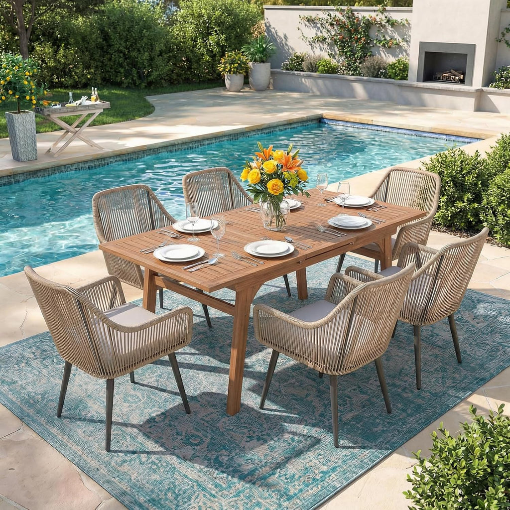 7‑Piece Patio Dining Set, Expandable Wood Table, Tan