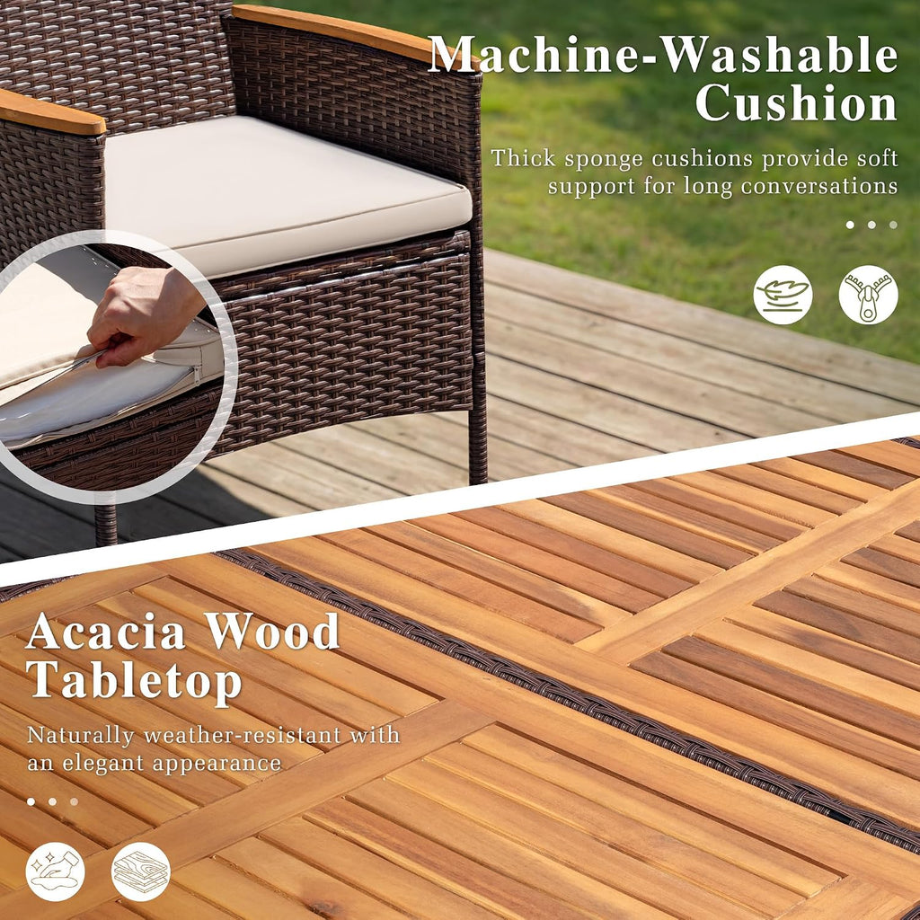 9 PCS Acacia Wood Patio Dining Set, Brown Rattan