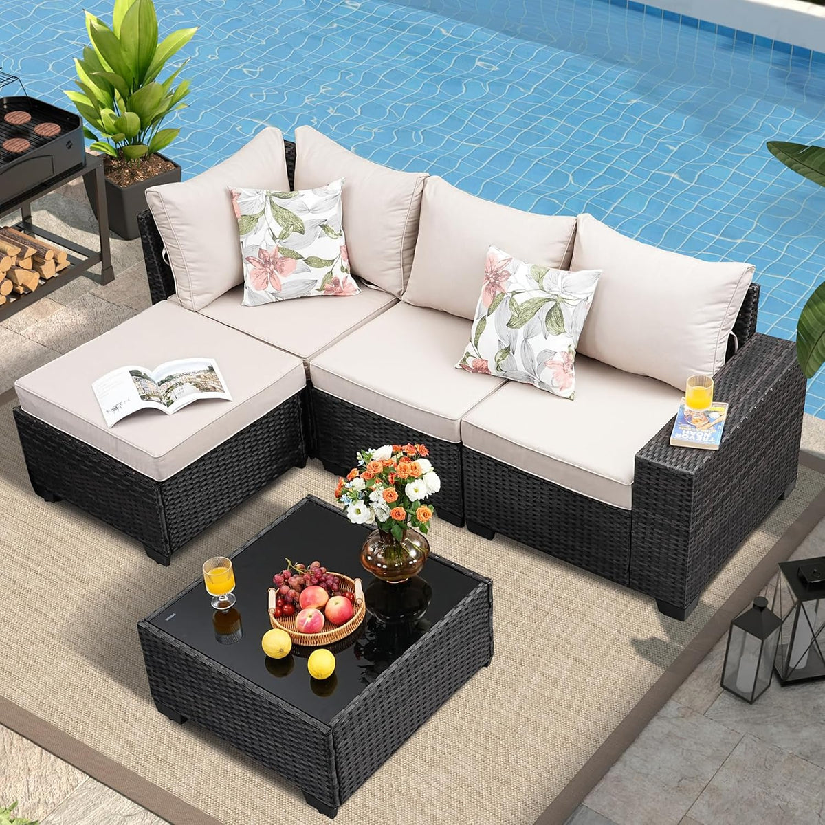 5‑Piece Wicker Patio Set with Cushions & Tea Table