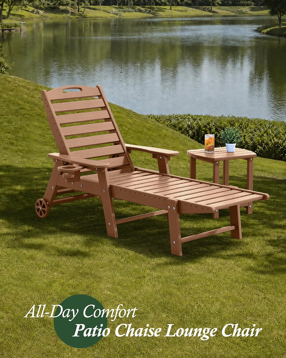 2‑Piece HDPE Patio Chaise Lounge, Teak Woodgrain