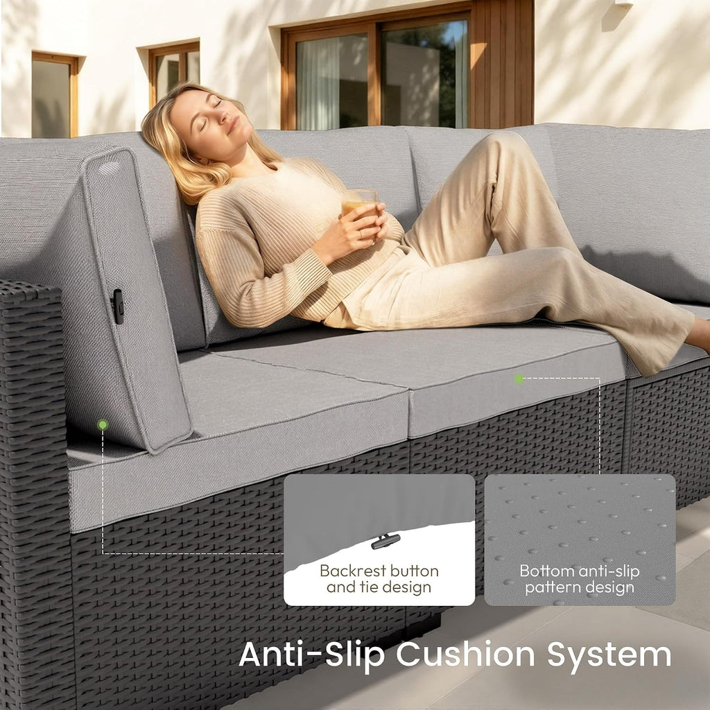 7‑Piece Modular Wicker Patio Sectional, Black/Light Gray