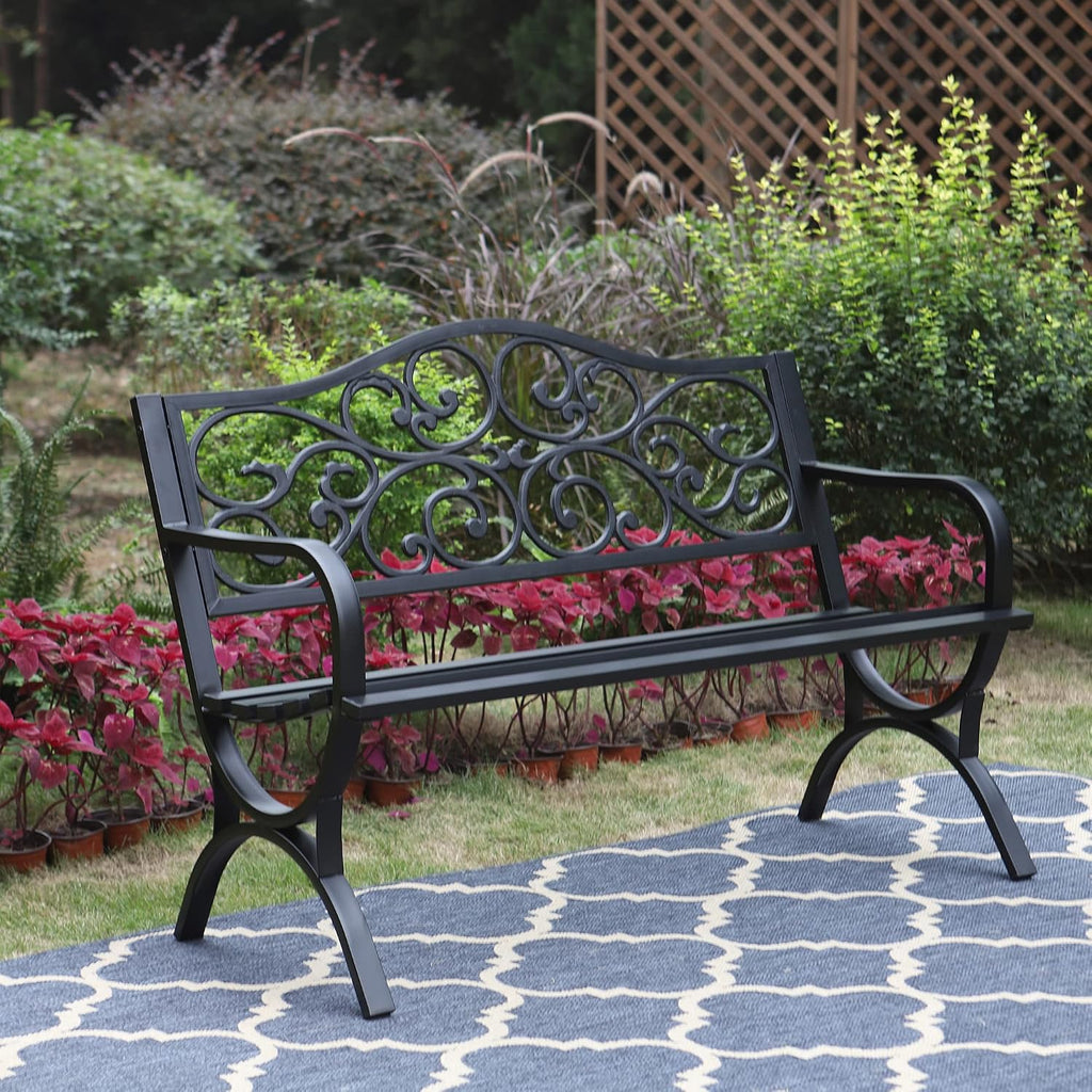 50" Floral Black Outdoor Patio Garden Bench