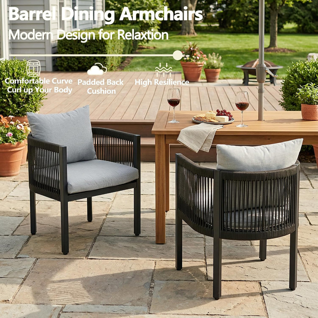 6‑Piece Rope Rattan Patio Dining Chairs, Black with Cushions
