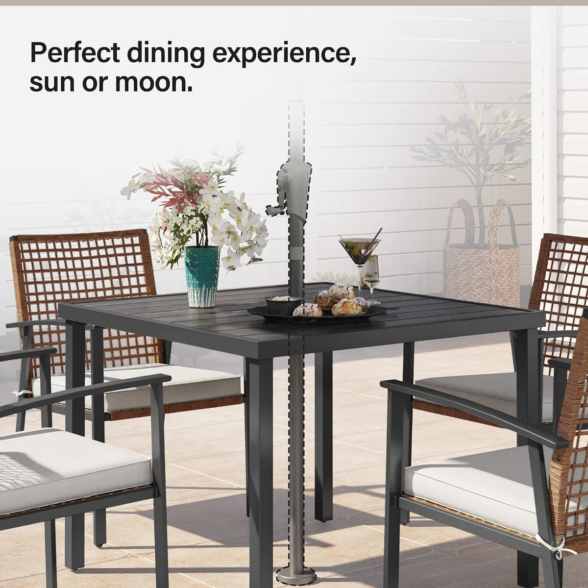 5‑Piece Wicker Patio Dining Set, Umbrella Hole Table