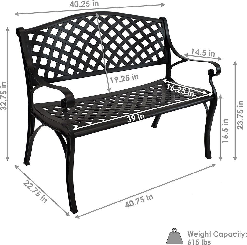40" 2‑Person Metal Outdoor Garden Bench, Black