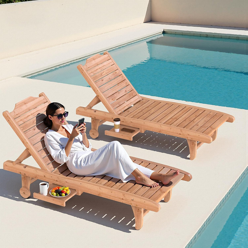 Wooden Patio Chaise Lounge with Side Tray & Wheels