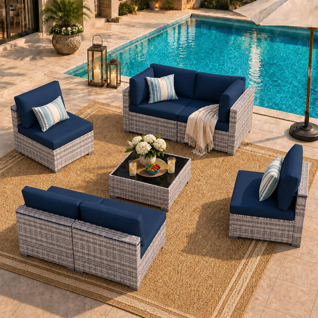 7‑Piece Wicker Patio Sectional Set with Table & Cushions