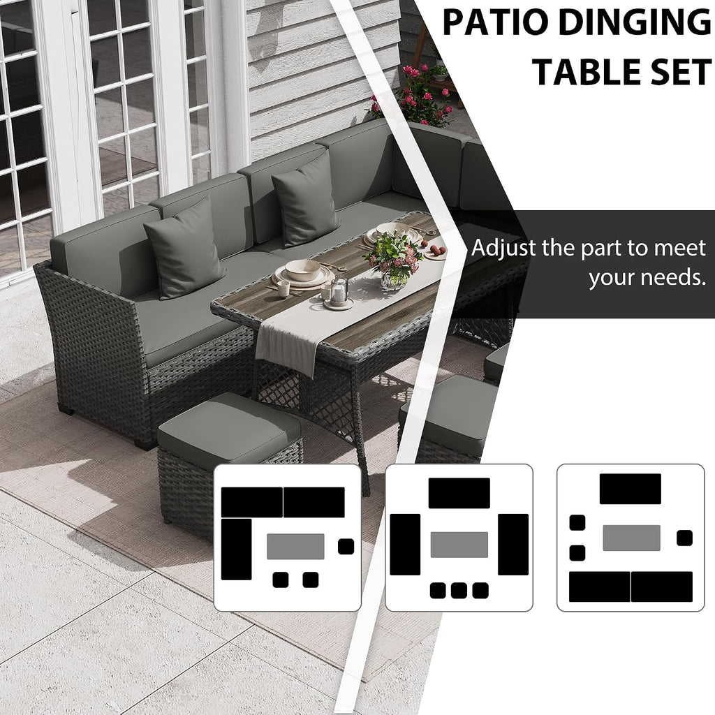 7‑Piece PE Wicker Patio Dining Set with Ottoman
