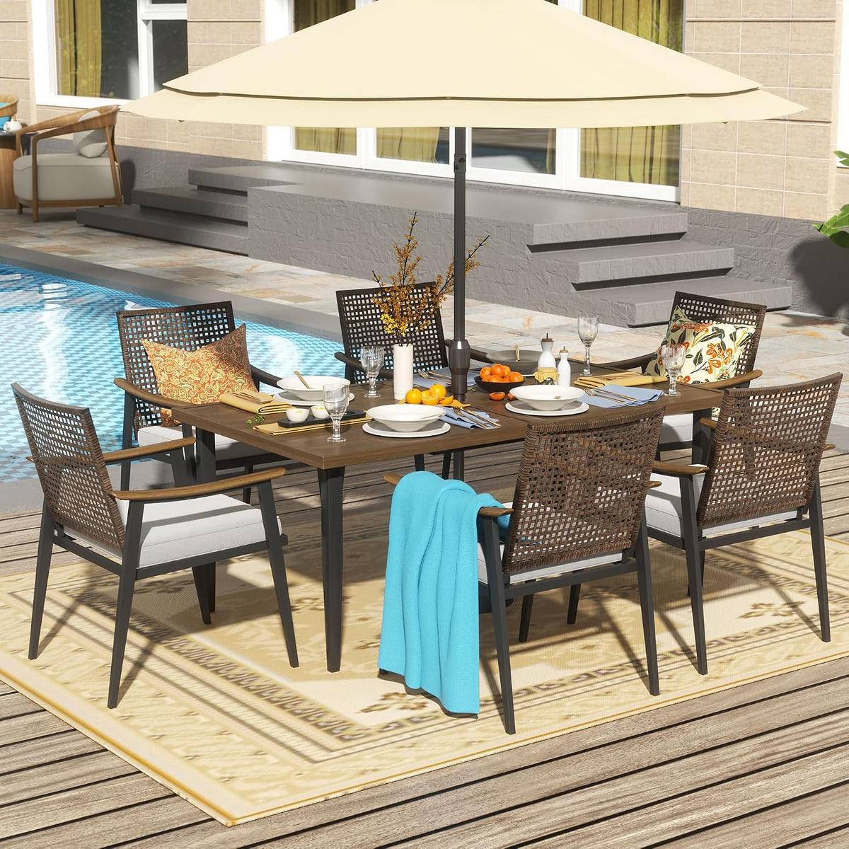 7 Piece Patio Dining Set , Rattan Wicker Patio Chairs Set