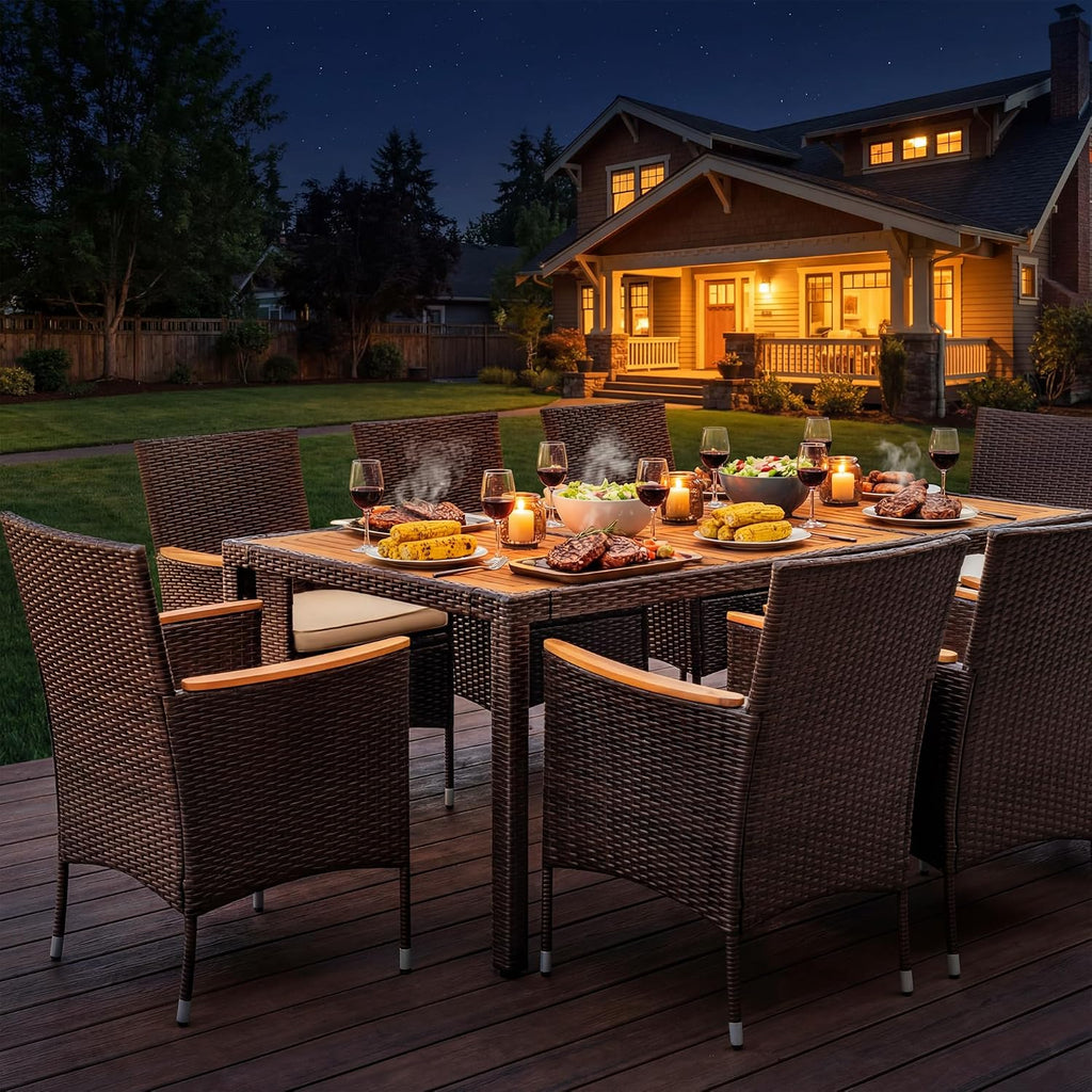 9 PCS Acacia Wood Patio Dining Set, Brown Rattan