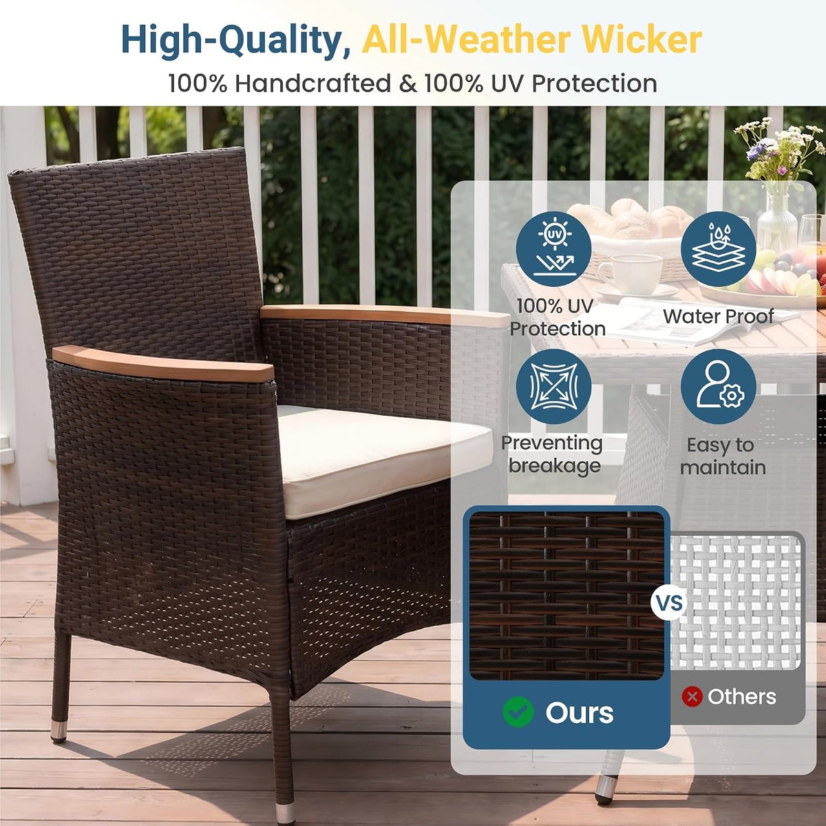 Rattan Patio Dining Set, Acacia Tabletop, Brown