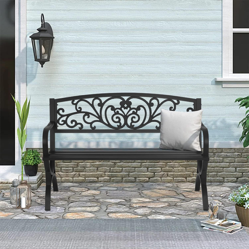 50" Floral Metal Outdoor Patio Bench, Black