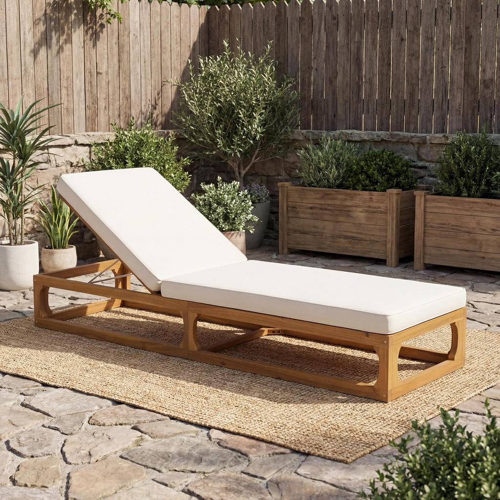 Wood Patio Chaise Lounge, Natural & Beige Cushion