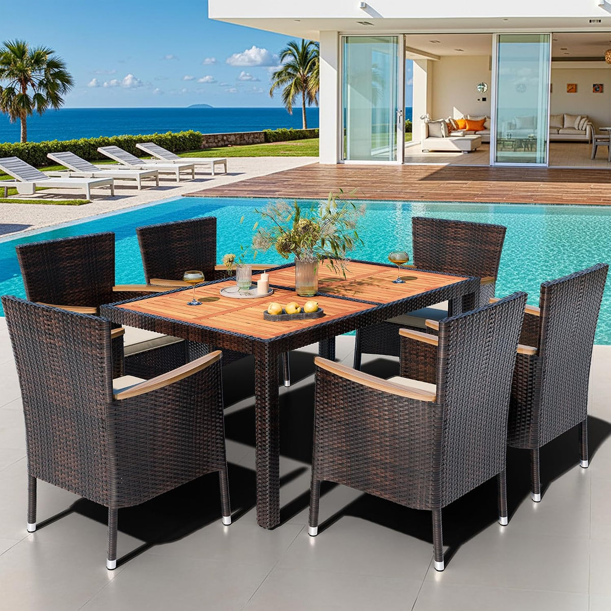 7 PCS Wicker Patio Dining Set, Brown Rattan