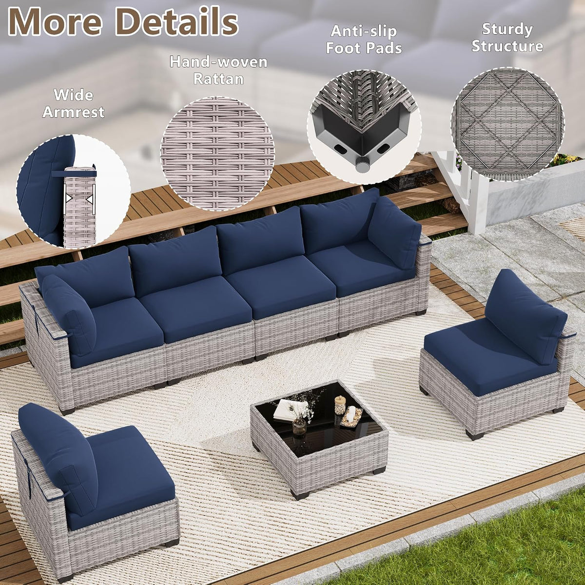 7‑Piece Wicker Patio Sectional Set with Table & Cushions