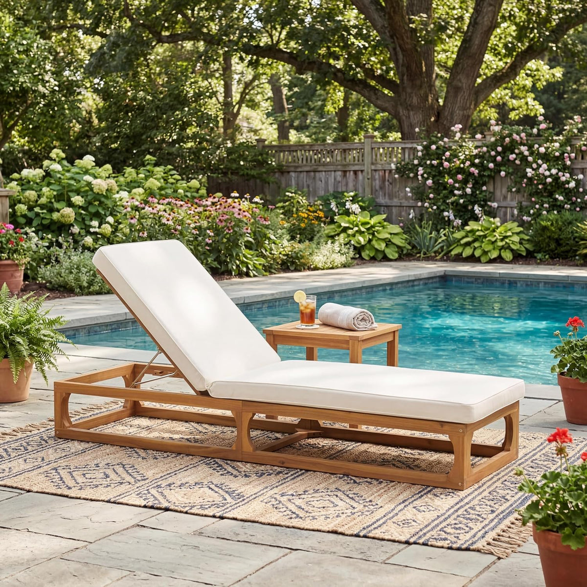Wood Patio Chaise Lounge, Natural & Beige Cushion
