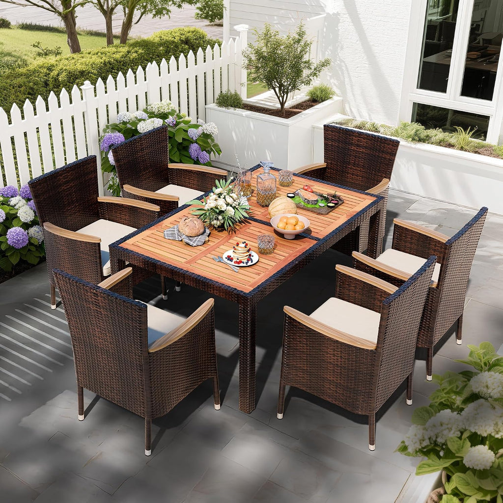 7 PCS Wicker Patio Dining Set, Brown Rattan