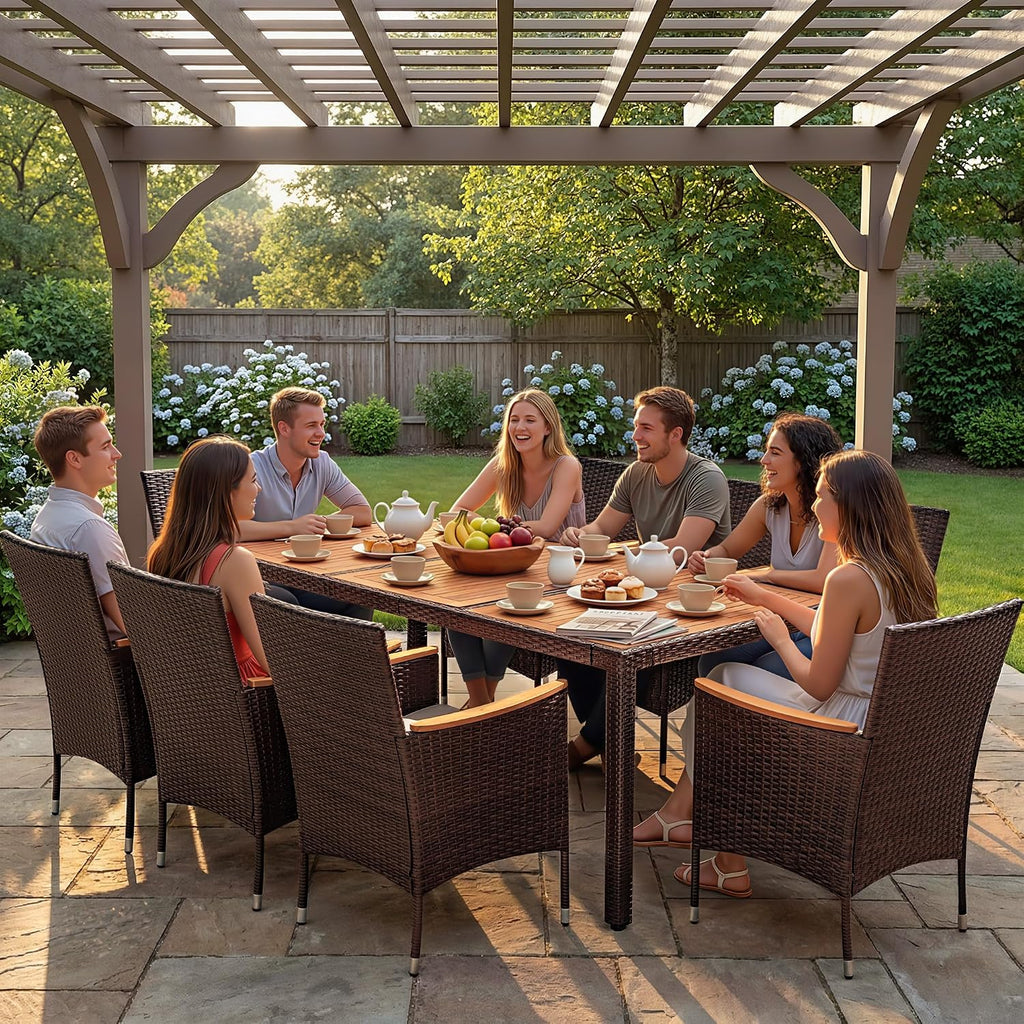 9 PCS Acacia Wood Patio Dining Set, Brown Rattan