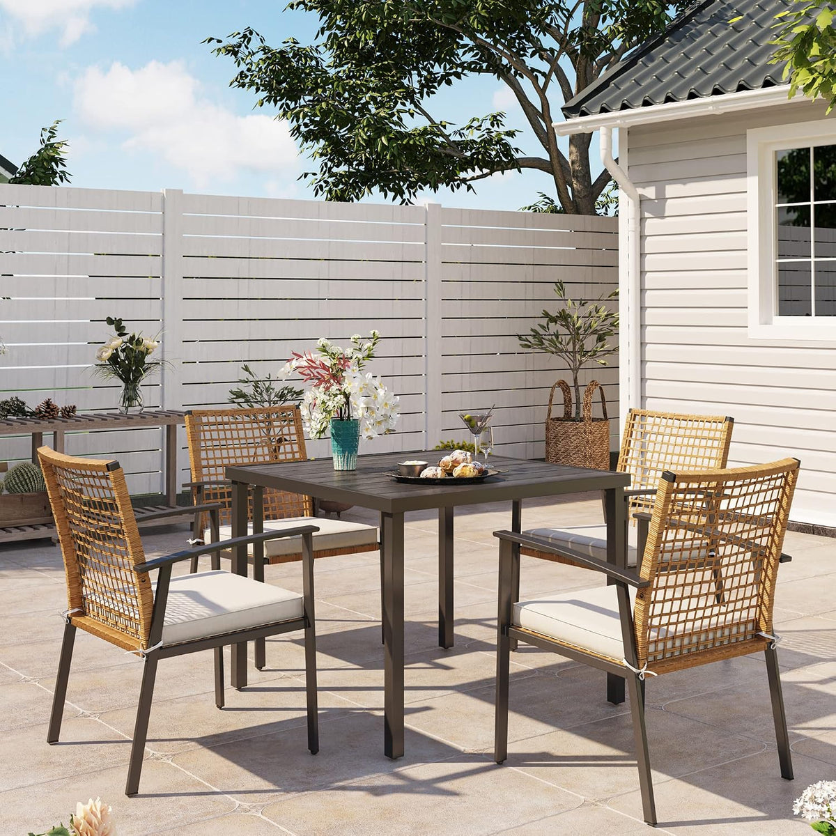 5‑Piece Wicker Patio Dining Set, Umbrella Hole Table