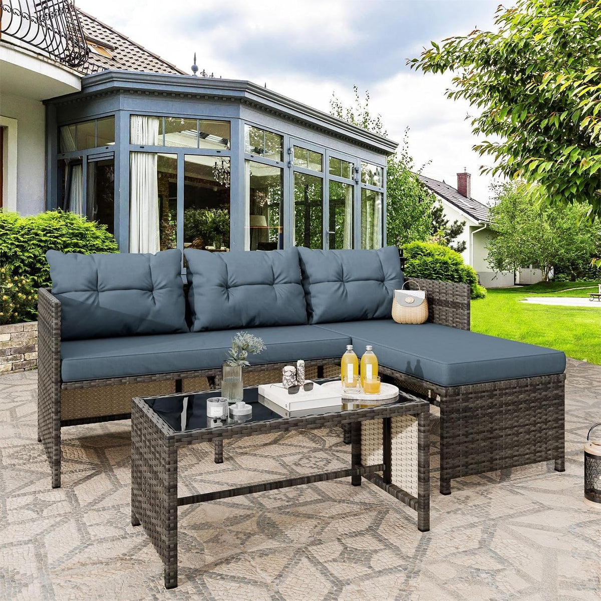 3‑Piece Wicker Patio Furniture Set with Cushions