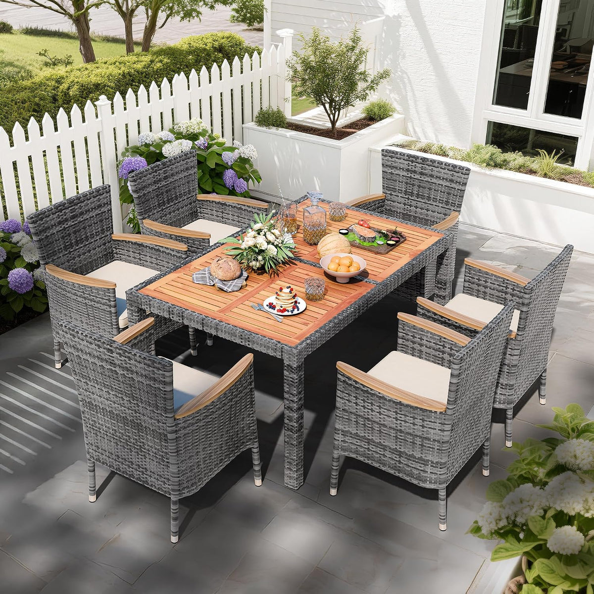 7 PCS Wicker Patio Dining Set, Grey Rattan