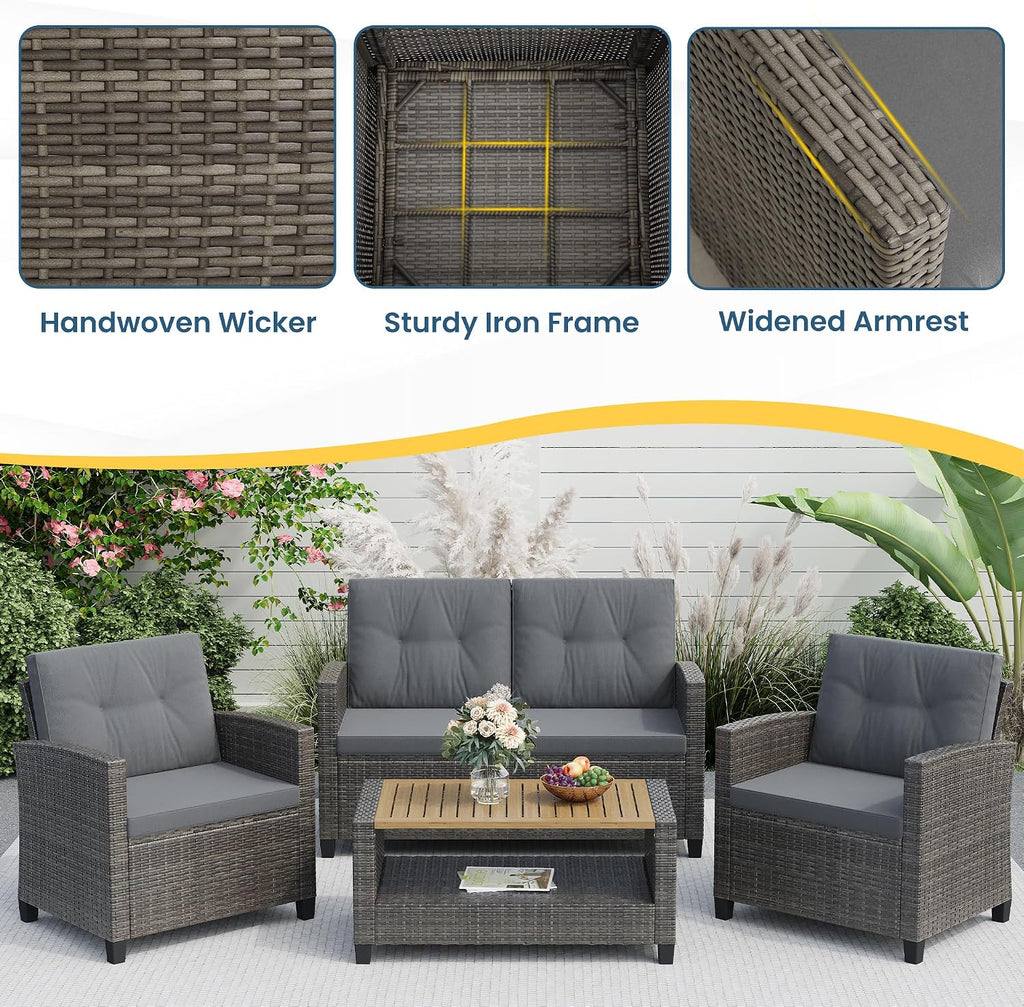 4‑Piece Patio Furniture Set with Wood Table & Cushions