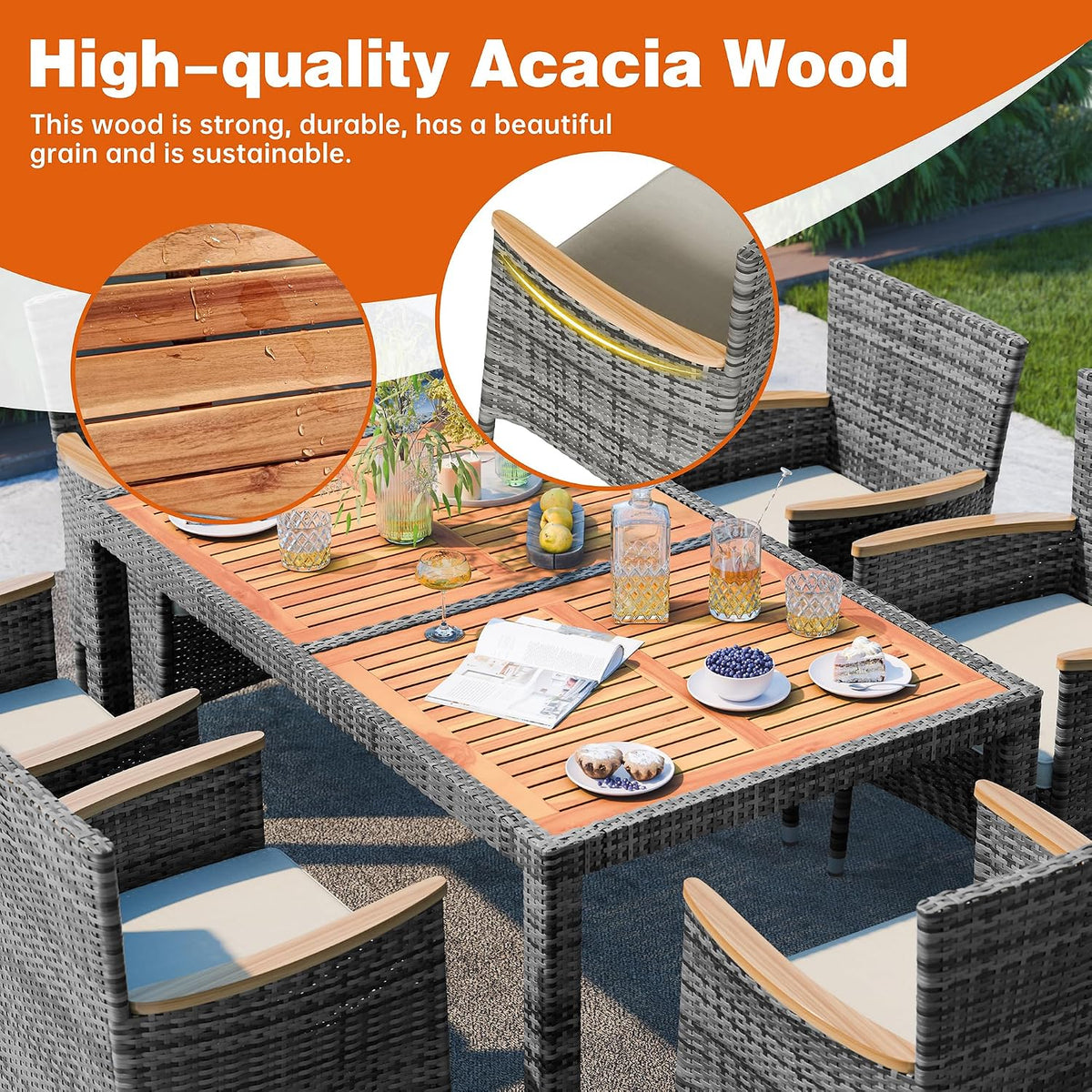 7 PCS Wicker Patio Dining Set, Grey Rattan