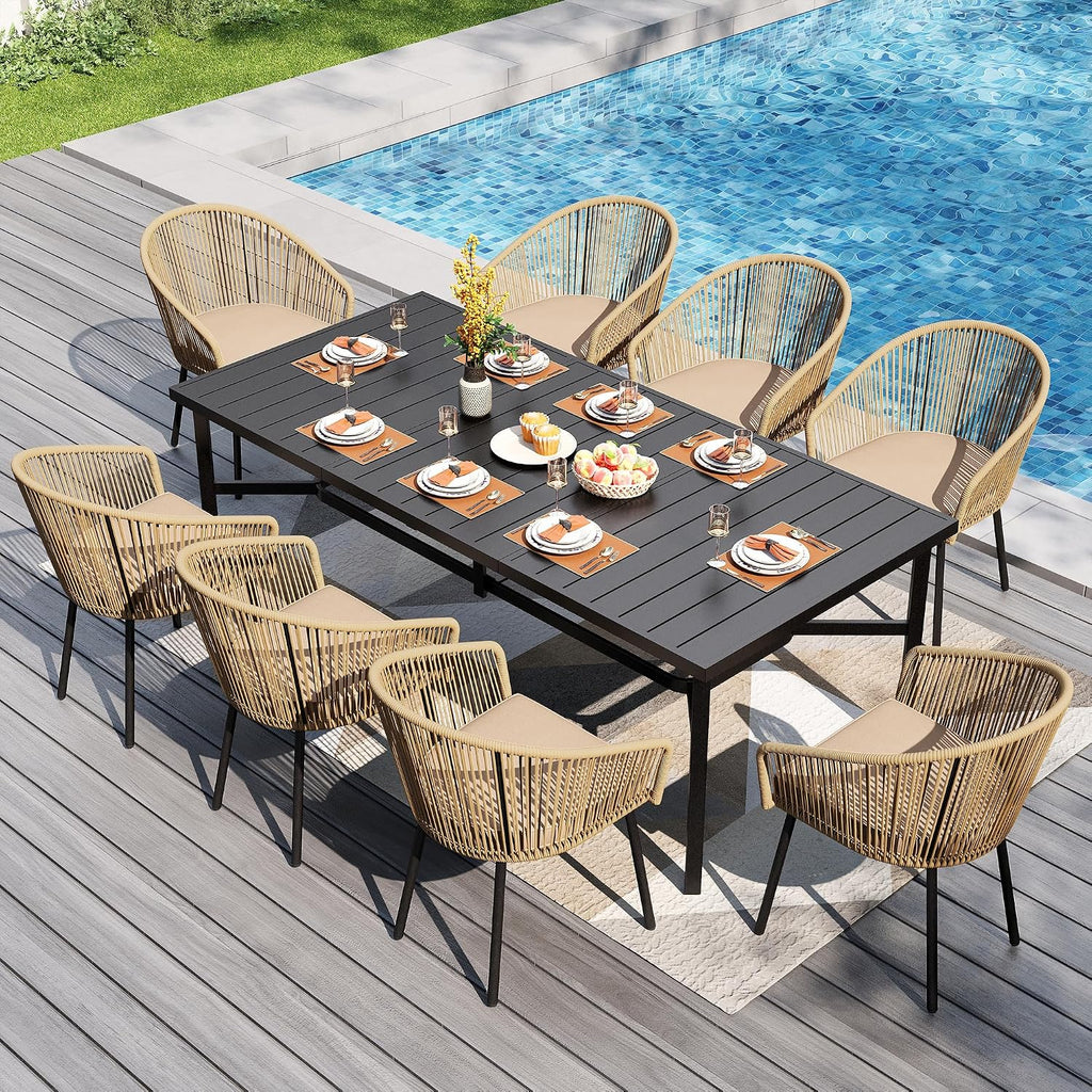9‑Piece Rattan Patio Dining Set, Rectangle Table