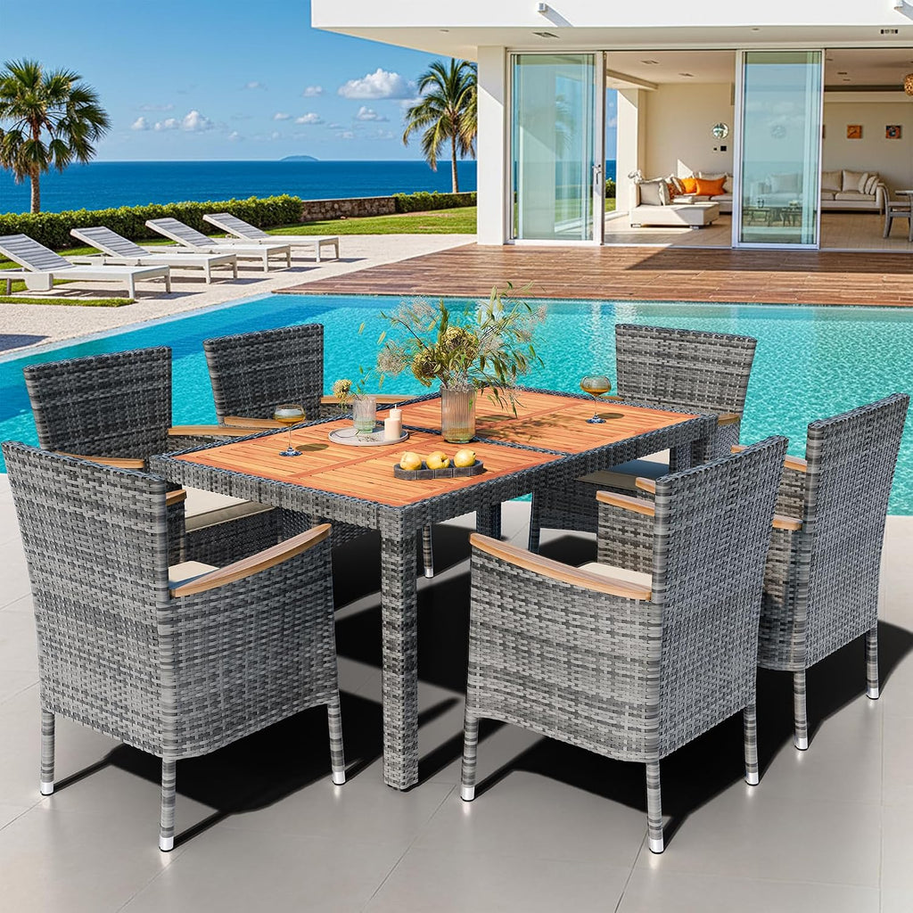 7 PCS Wicker Patio Dining Set, Grey Rattan