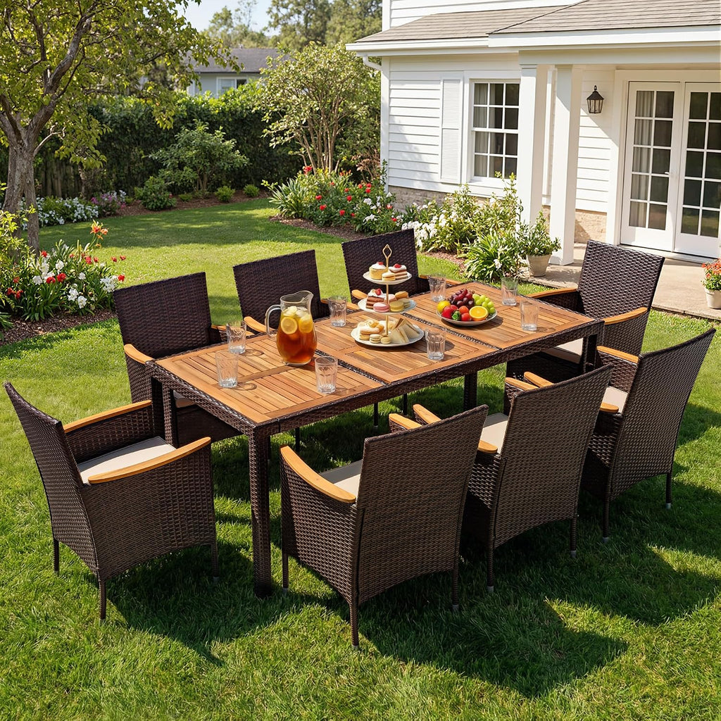 9 PCS Acacia Wood Patio Dining Set, Brown Rattan