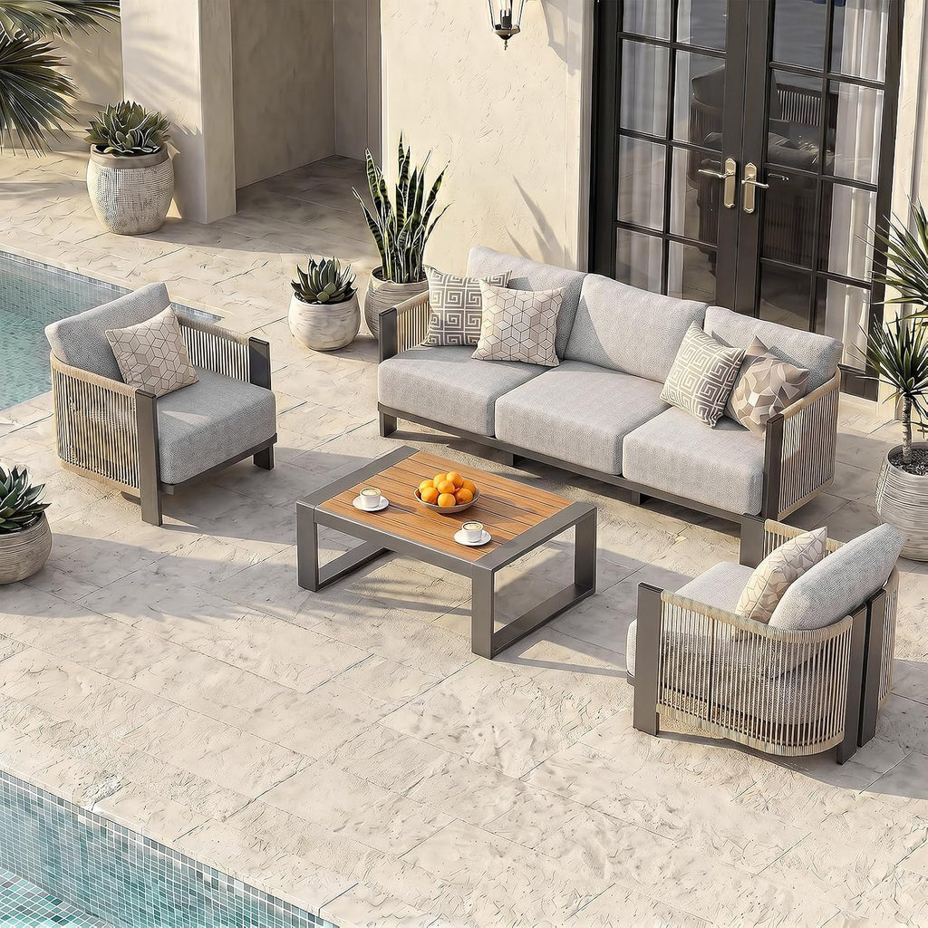 4‑Piece Woven Rope Patio Set, Thick Cushion Aluminum Frame