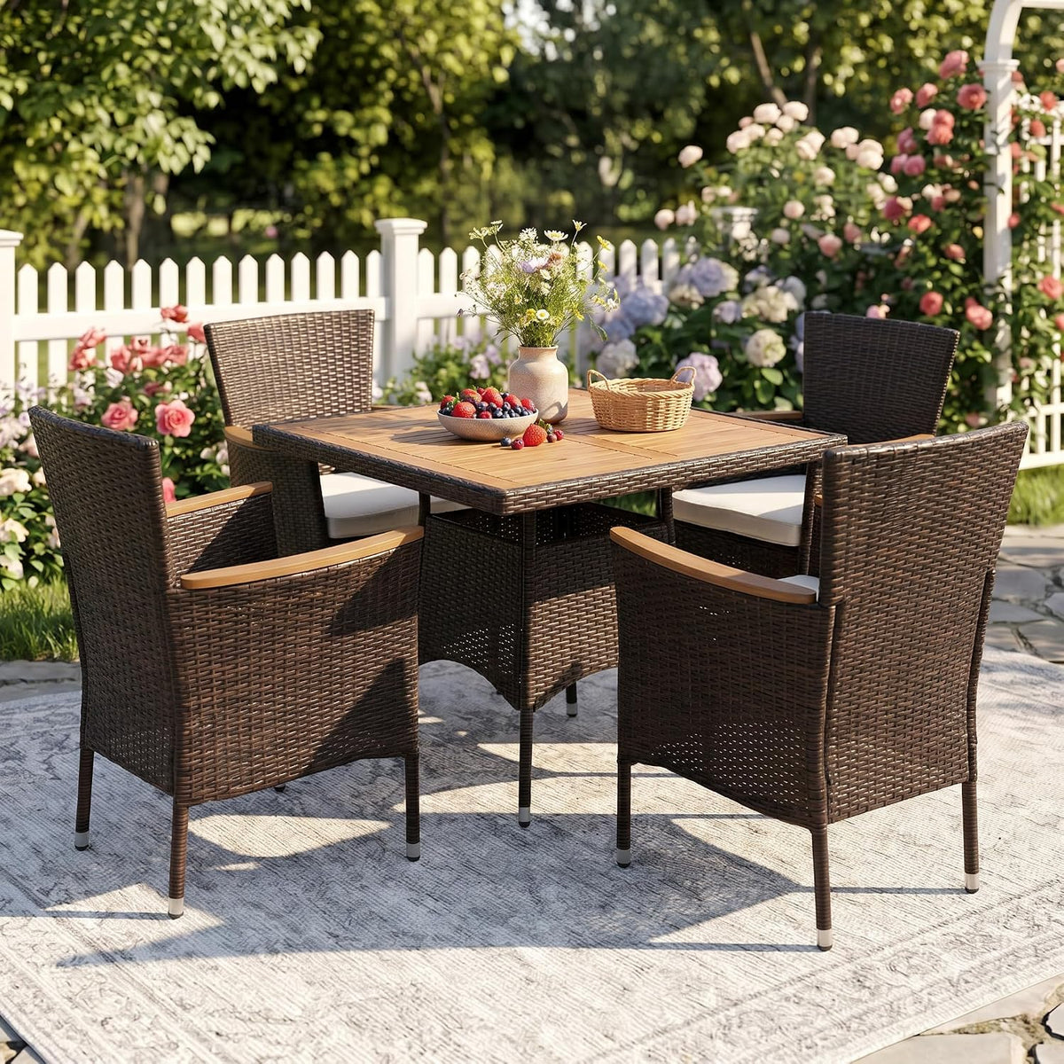 Rattan Patio Dining Set, Acacia Tabletop, Brown