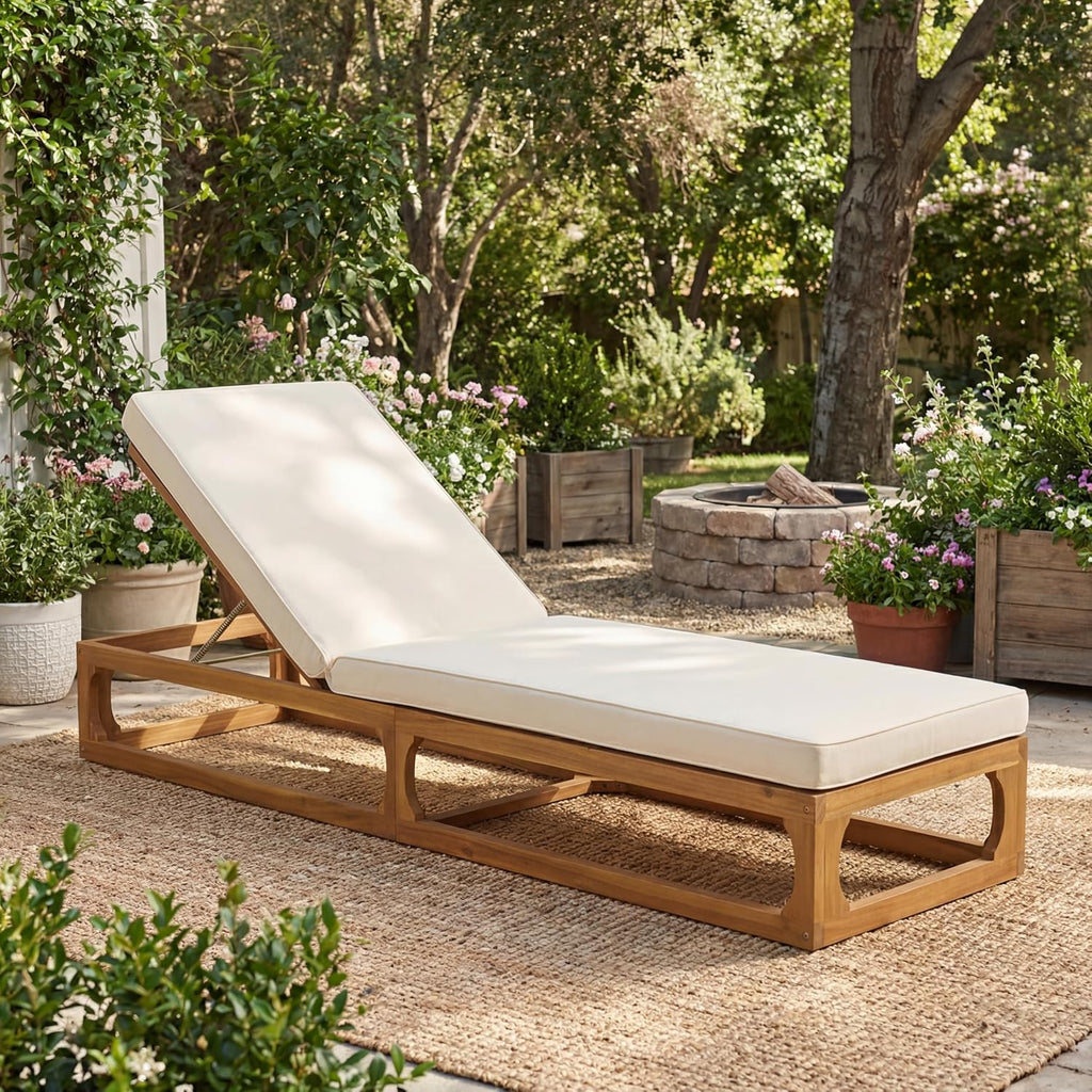 Wood Patio Chaise Lounge, Natural & Beige Cushion