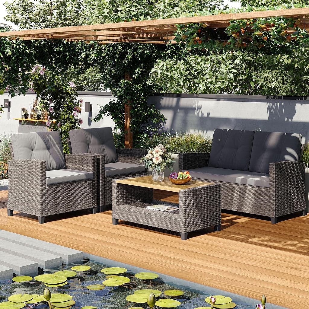 4‑Piece Patio Furniture Set with Wood Table & Cushions