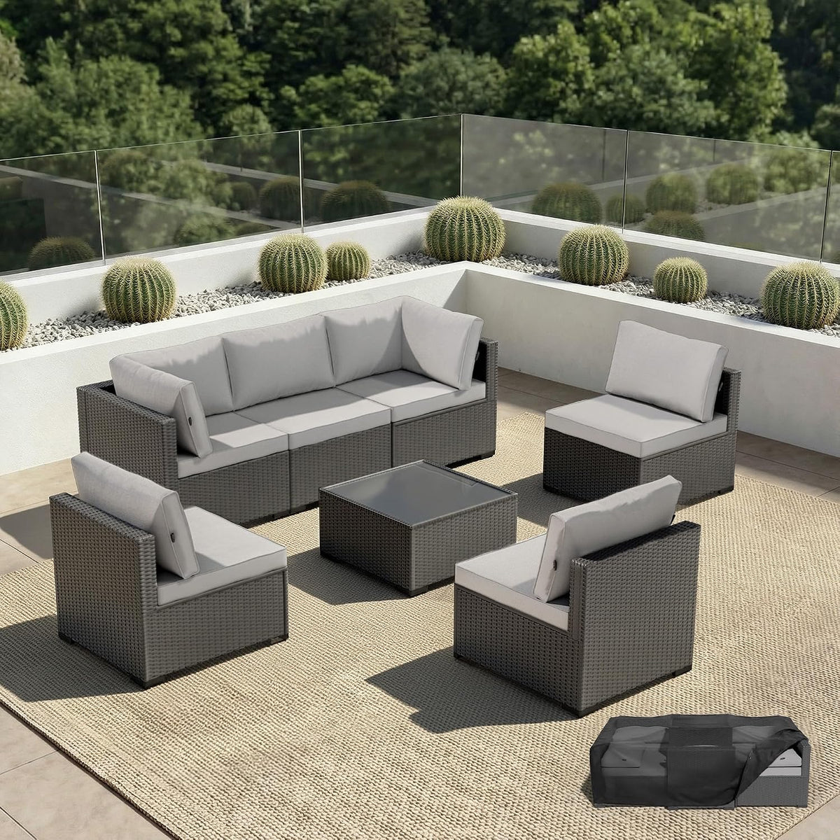 7‑Piece Modular Wicker Patio Sectional, Black/Light Gray