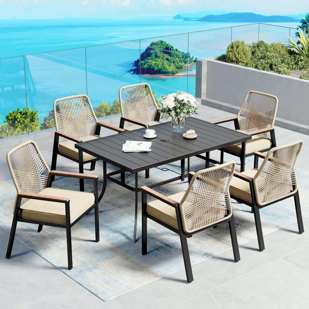 7‑Piece Rattan Patio Dining Set with Metal Table
