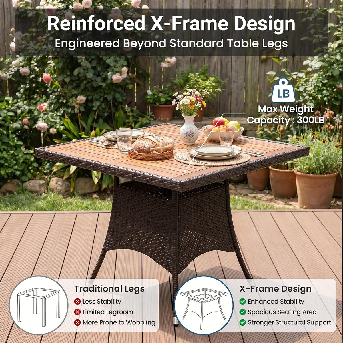 Rattan Patio Dining Set, Acacia Tabletop, Brown