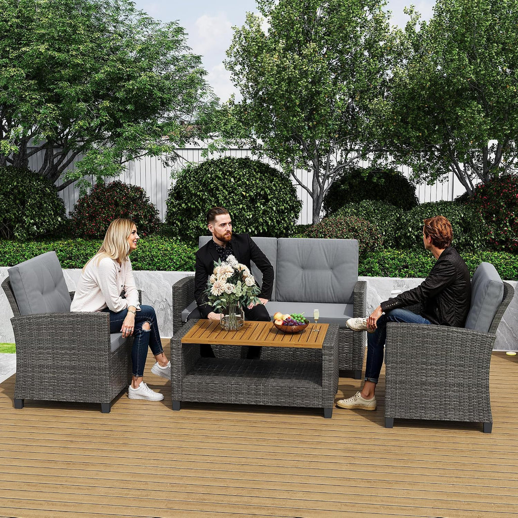 4‑Piece Patio Furniture Set with Wood Table & Cushions