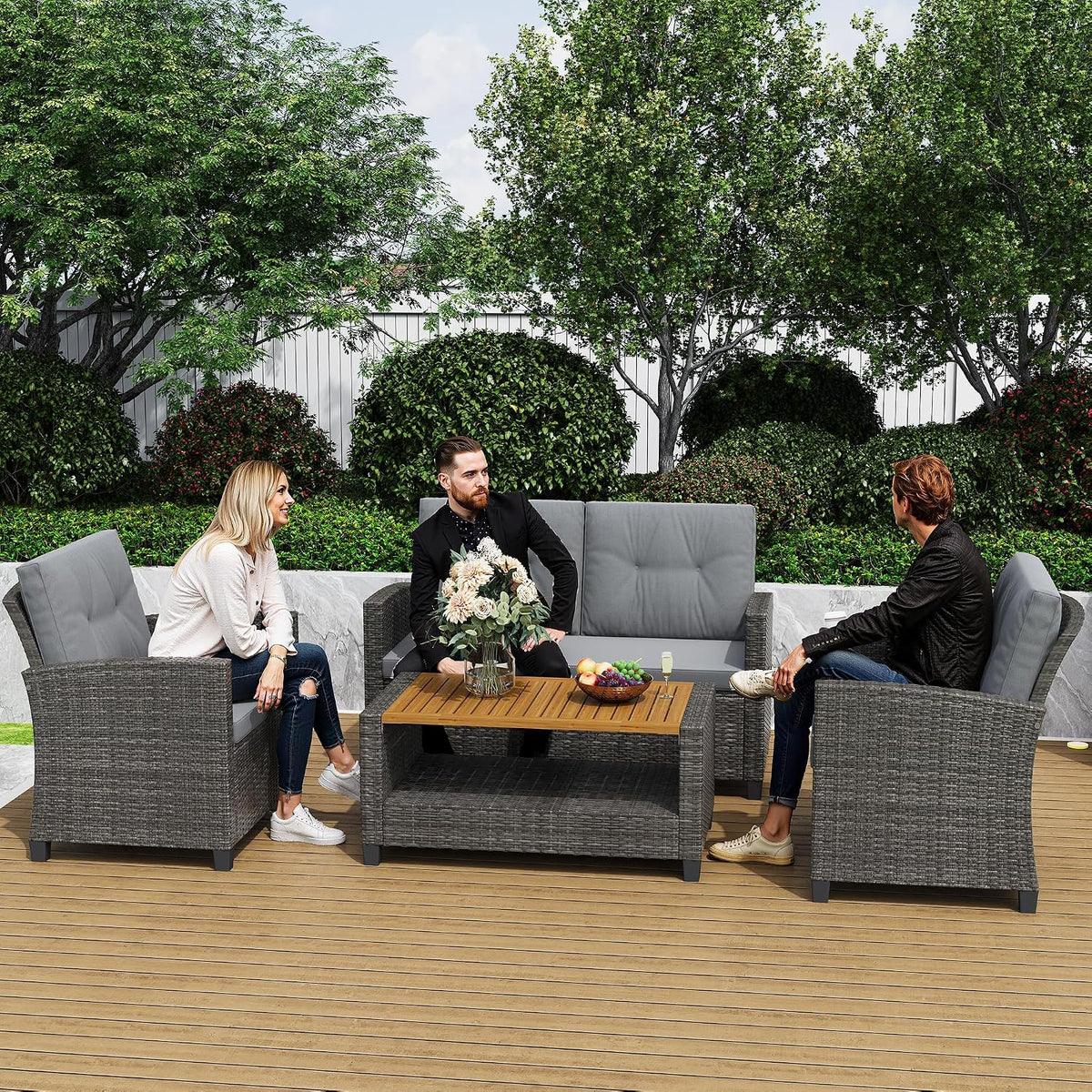 4‑Piece Patio Furniture Set with Wood Table & Cushions