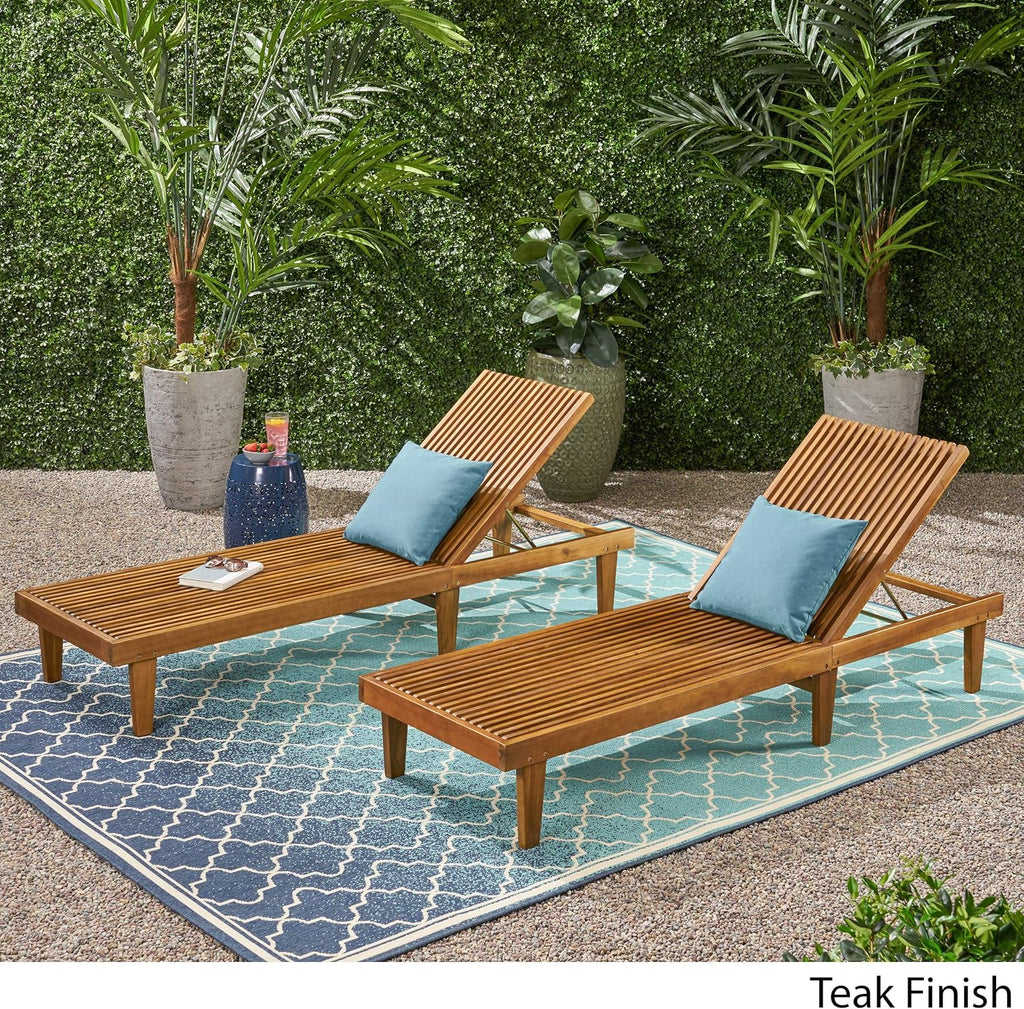 Outdoor Wooden Chaise Lounge, Set of 2 with Teak Finish