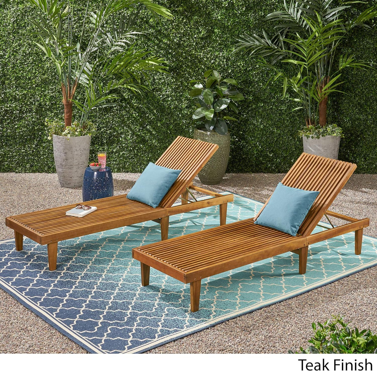 Outdoor Wooden Chaise Lounge, Set of 2 with Teak Finish